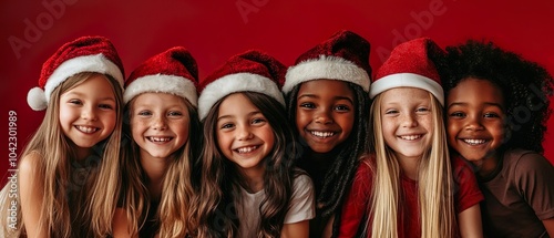 Smiling Multiethnic Kids in Santa Hats Celebrating the Christmas Spirit