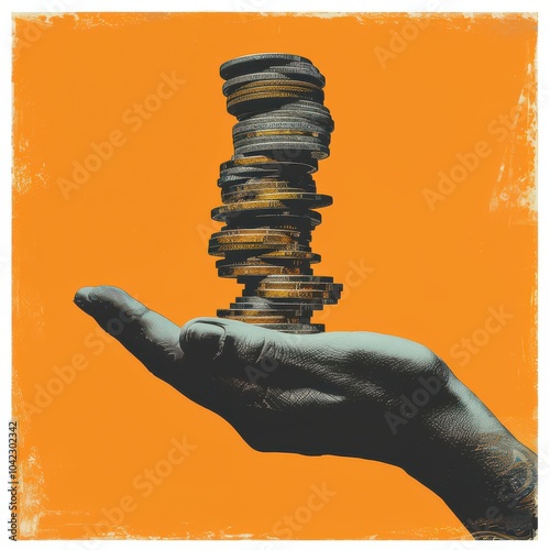 Hand holding stack of paper-style coins with Bitcoin symbols, vibrant illustration of digital finance concept. Free copy space for banner.