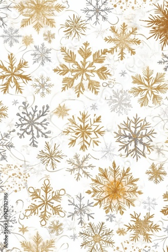 Elegant snowflake pattern featuring delicate gold and silver designs on a white background, perfect for festive occasions