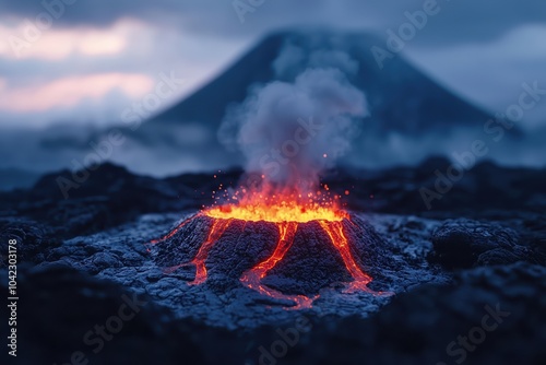 Active volcano erupting with lava and ash against a dramatic sky, showcasing the power of nature.