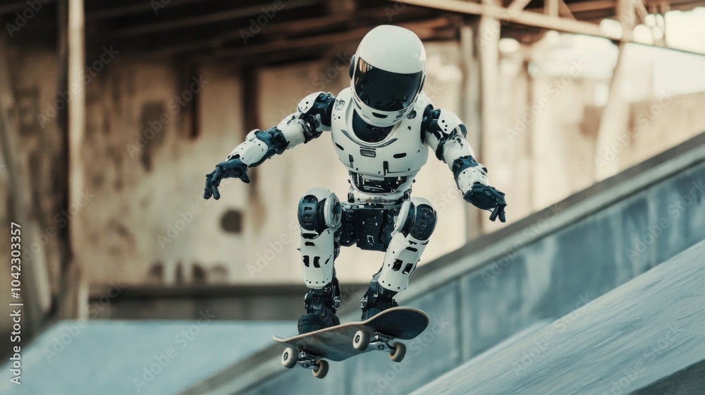 Fototapeta premium Robot performing stunts on skateboard ramp