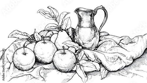 Still Life With A Copper Jug Apples And Pears On The Background Of A Soft Fabric Coloring Page Perfect For Relaxation And Creativity In Coloring