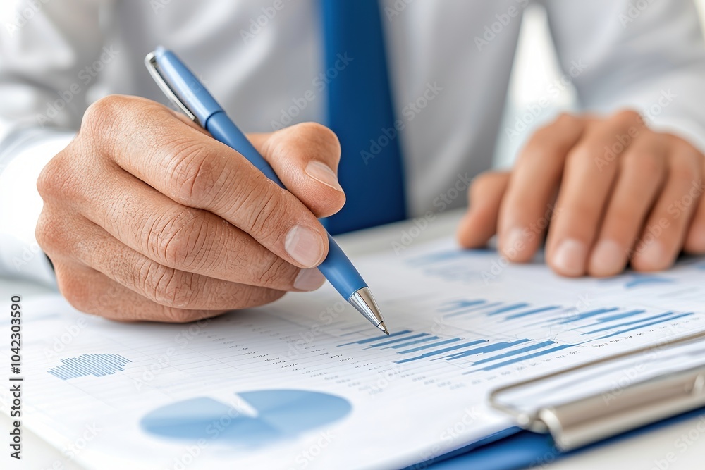 Businessman analyzing data reports with charts and graphs. Businessman analyzing data reports with charts and graphs.