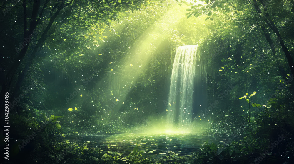 Fototapeta premium Enchanting lush green forest with sunbeams and serene waterfall