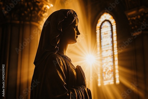 A backlit image of the Holy Mother statue in a dim chapel 1