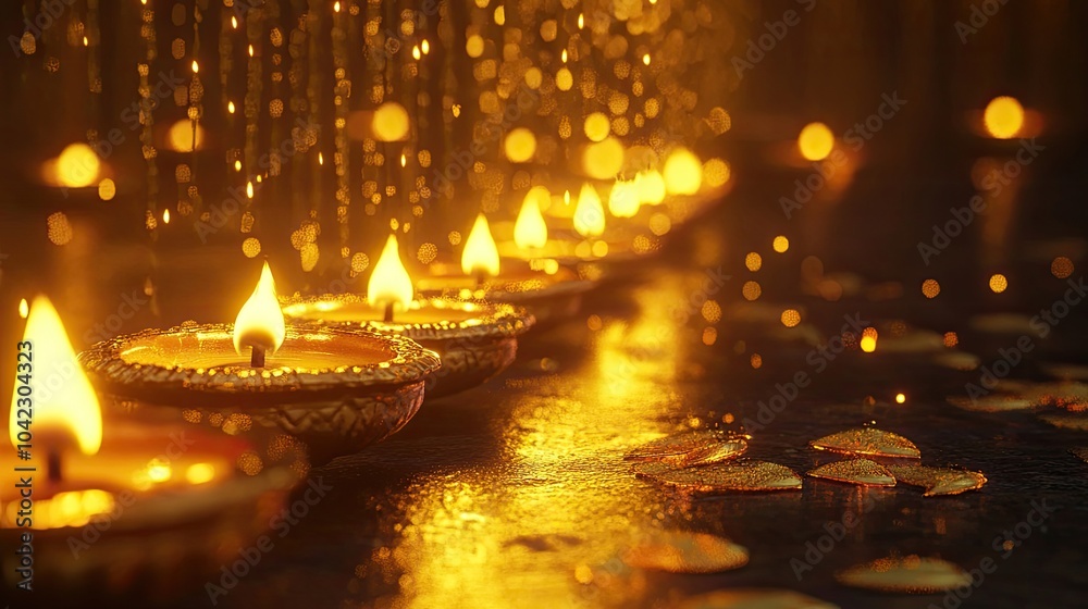 A vibrant, festive backdrop with a row of glowing diyas and a radiant golden hue illuminating the scene A vibrant, festive backdrop with a row of glowing diyas and a radiant golden hue illuminating the scene