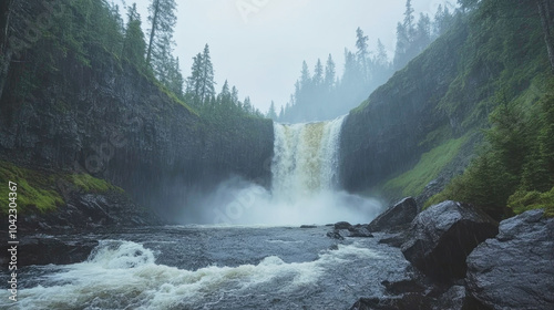 Stunning view of Comet Falls flowing vigorously during a heavy rainstorm with dark clouds overhead photo