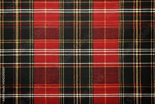 Red and black tartan pattern with green and white stripes creating a classic plaid design ideal for textiles and fashion photo