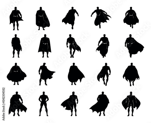 Superhero In Different Poses Black Silhouette Icons Set Featuring Dynamic Stances Heroically Various Traits Capes Emblems Related Comics Action Adventure Themes Heroic Characters