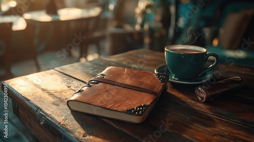 A well-crafted journal lying on a rustic table with a cup of coffee, inspiring creativity for Father's Day photo