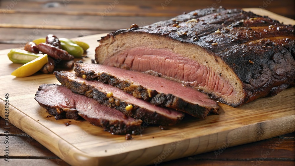Deliciously smoked beef brisket served on a wooden cutting board with pickles and lemon slices, perfect for a barbecue gathering Deliciously smoked beef brisket served on a wooden cutting board with pickles and lemon slices, perfect for a barbecue gathering