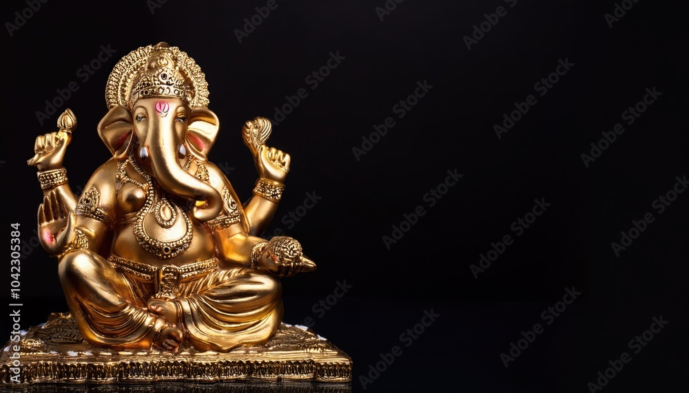 Obraz premium Gold Ganesha in Sitting Pose on Dark Black Background
