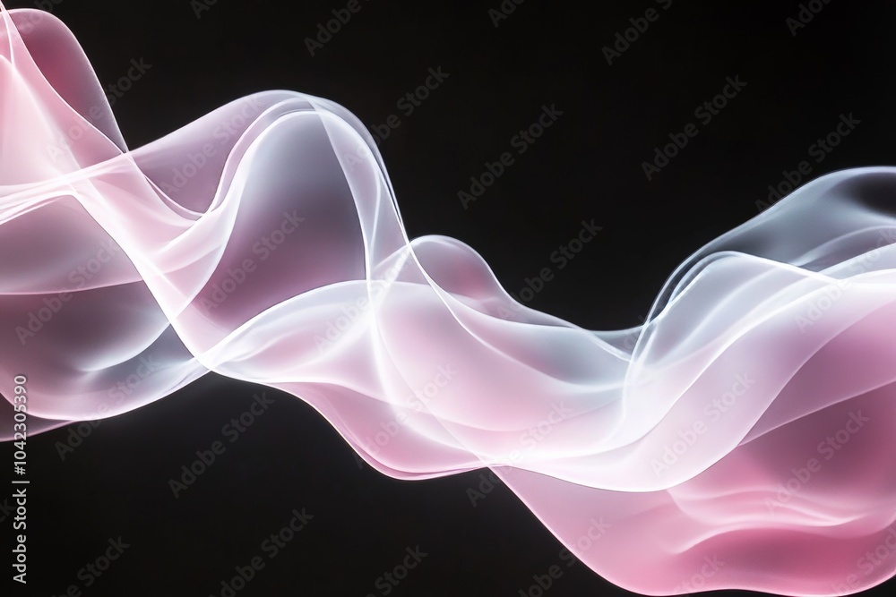 Naklejka premium Abstract black background. Featuring a cascade of soft pink and white light waves. Showcasing a gentle and elegant visual effect. Ideal for artistic or serene themes