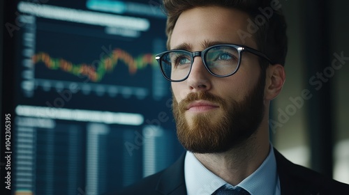 Confident businessman with glasses pondering over financial charts in a modern office setting.