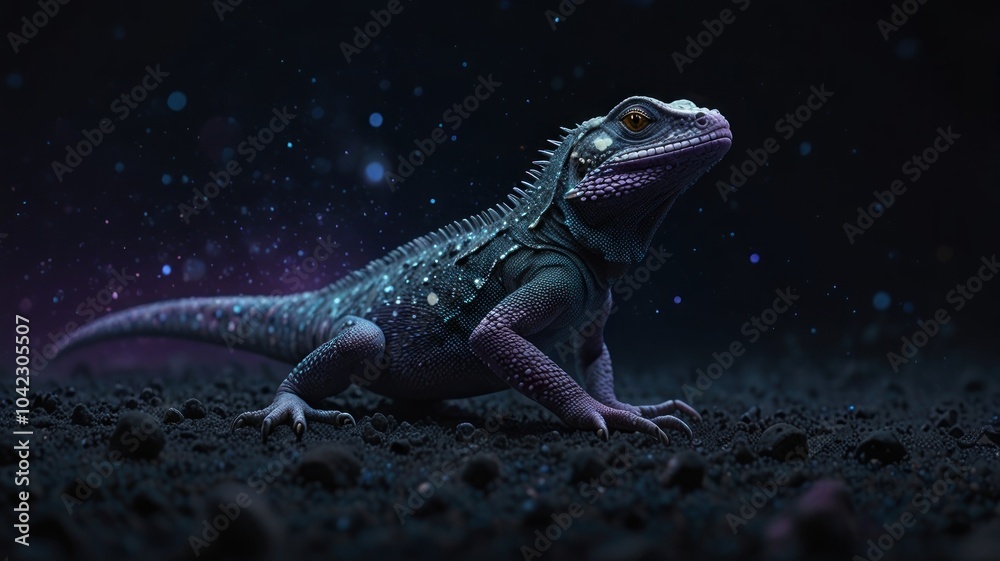 A blue and purple lizard with yellow eyes stands on a dark background with a starry sky. A blue and purple lizard with yellow eyes stands on a dark background with a starry sky.