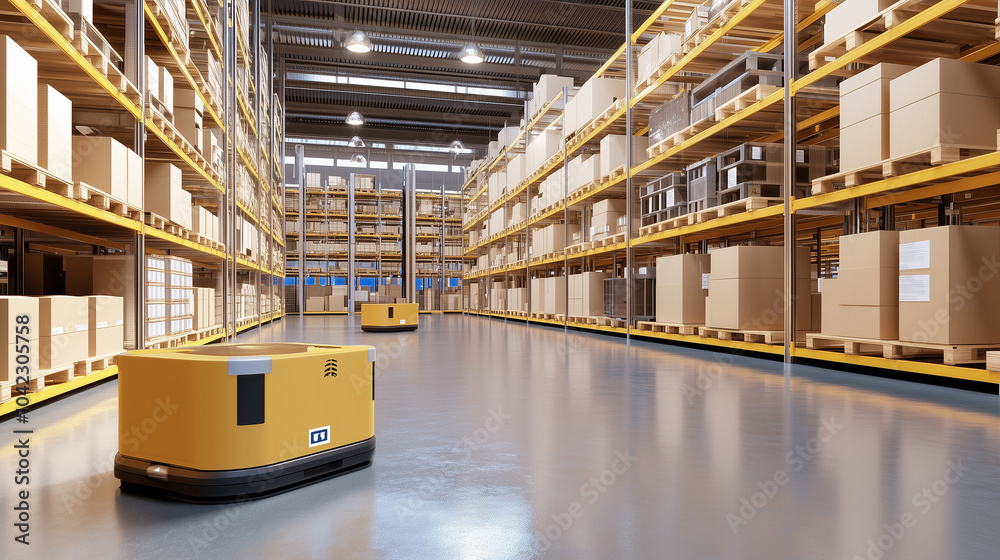 A depiction of robotic automation in modern logistics, featuring AI systems and drones for efficient warehouse management and delivery operations. Perfect for showcasing smart supply chain solutions. A depiction of robotic automation in modern logistics, featuring AI systems and drones for efficient warehouse management and delivery operations. Perfect for showcasing smart supply chain solutions.