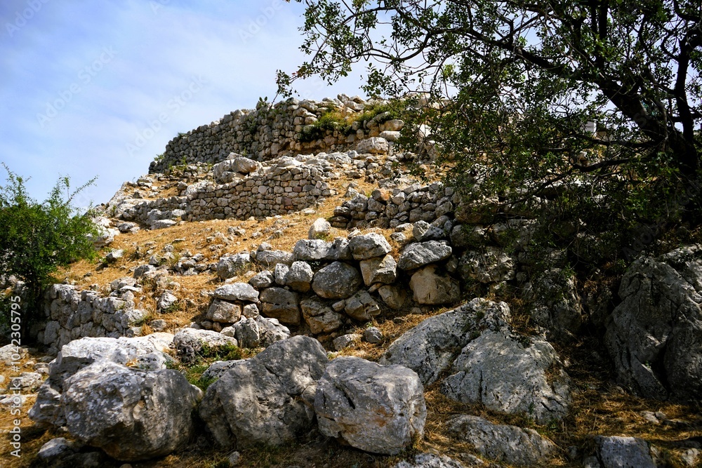 Remains of the fortification walls of Mycenae on Peloponnese in Greece. Mycenae was one of the largest citadels in Ancient Greece during the Bronze Age and played an important role in the Trojan War Remains of the fortification walls of Mycenae on Peloponnese in Greece. Mycenae was one of the largest citadels in Ancient Greece during the Bronze Age and played an important role in the Trojan War