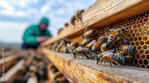 Beekeeper inspecting honeycombs in a hive, representing the delicate balance between nature and agriculture in apiculture