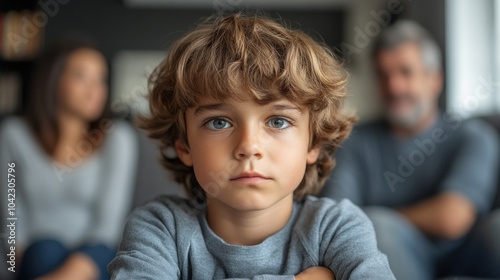 Child sitting between arguing parents, feeling caught in the middle of family conflict, symbolizing the emotional toll on children