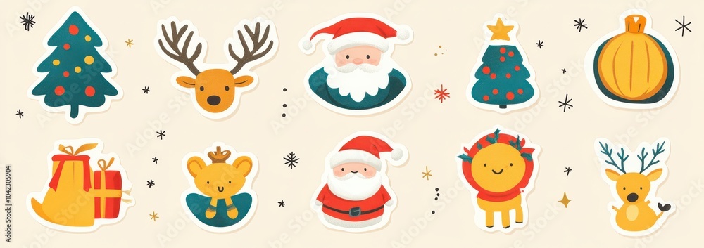 Fototapeta premium Festive Christmas sticker set featuring Santa Claus, reindeer, Christmas trees, and holiday decorations for winter celebrations