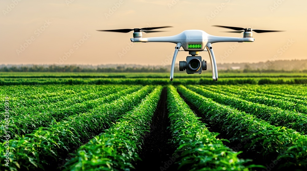 Drone flying over a green agricultural field during sunset. Drone flying over a green agricultural field during sunset.
