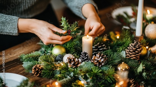 A person delicately places holly onto a beautifully arranged Christmas centerpiece featuring candles, pine, and sparkling ornaments, perfect for a festive celebration