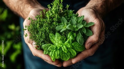 Close-up of hands using herbal plants to make a natural remedy in the wilderness, showcasing traditional healing skills photo