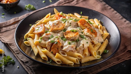 Delicious chicken alfredo pasta served in a black bowl with herbs on a rustic wooden table, ideal for dinner gatherings or family meals