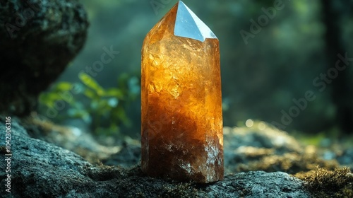 A large orange crystal sitting on top of a rock.