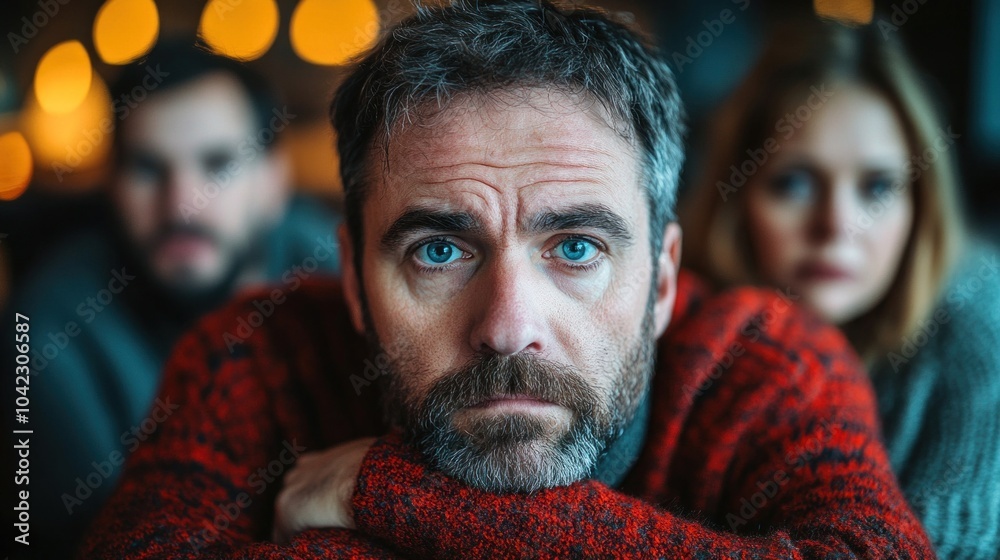 Fototapeta premium Father feeling isolated while his family enjoys a meal, highlighting the emotional distance that can grow within family relationships