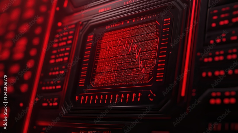Obraz premium Futuristic circuit board with glowing red elements, emphasizing technology and innovation.