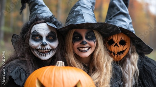 Group of friends dressed as witches and monsters celebrating at a Halloween party, joy and creativity of the holiday