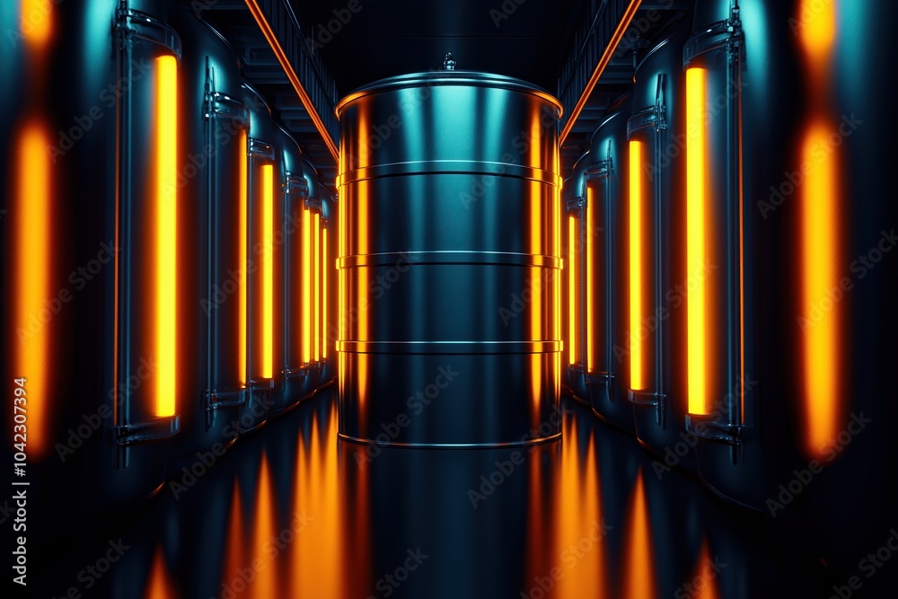 Obraz premium Futuristic industrial scene with glowing orange lights and metallic structures on a reflective floor.