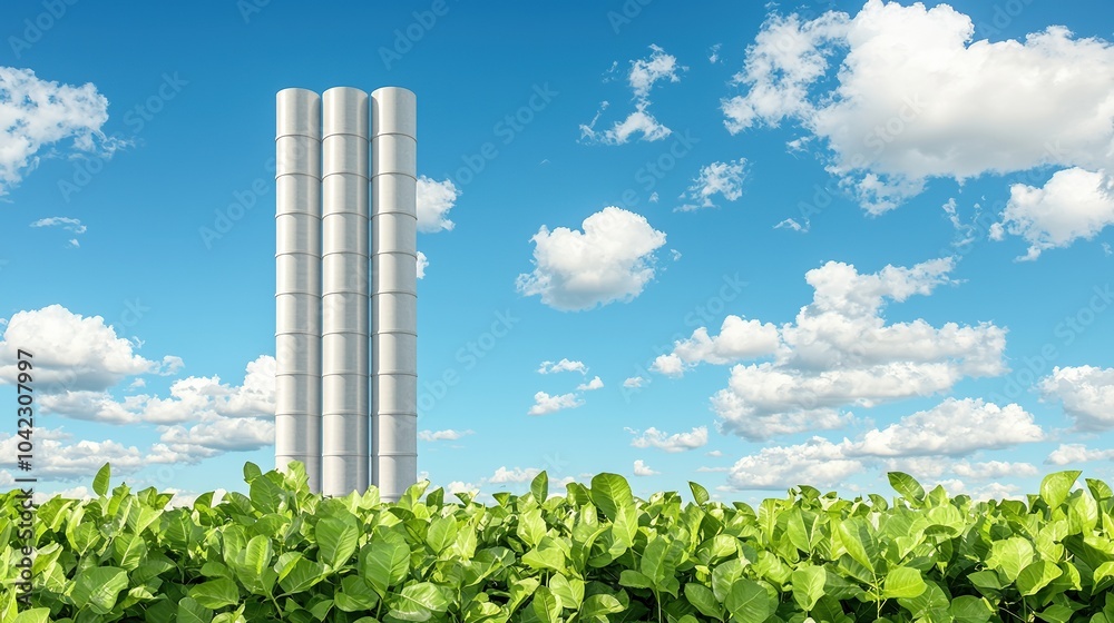 Obraz premium Green plants in front of three tall silos under a clear blue sky with fluffy clouds.