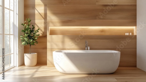 Modern bathroom design featuring wooden elements and light background in luxury style