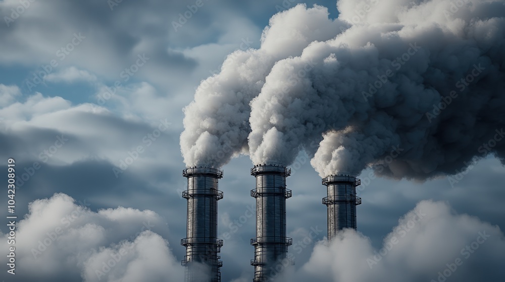 Industrial smokestacks release thick smoke into cloudy sky, highlighting environmental impact and air pollution. Industrial smokestacks release thick smoke into cloudy sky, highlighting environmental impact and air pollution.