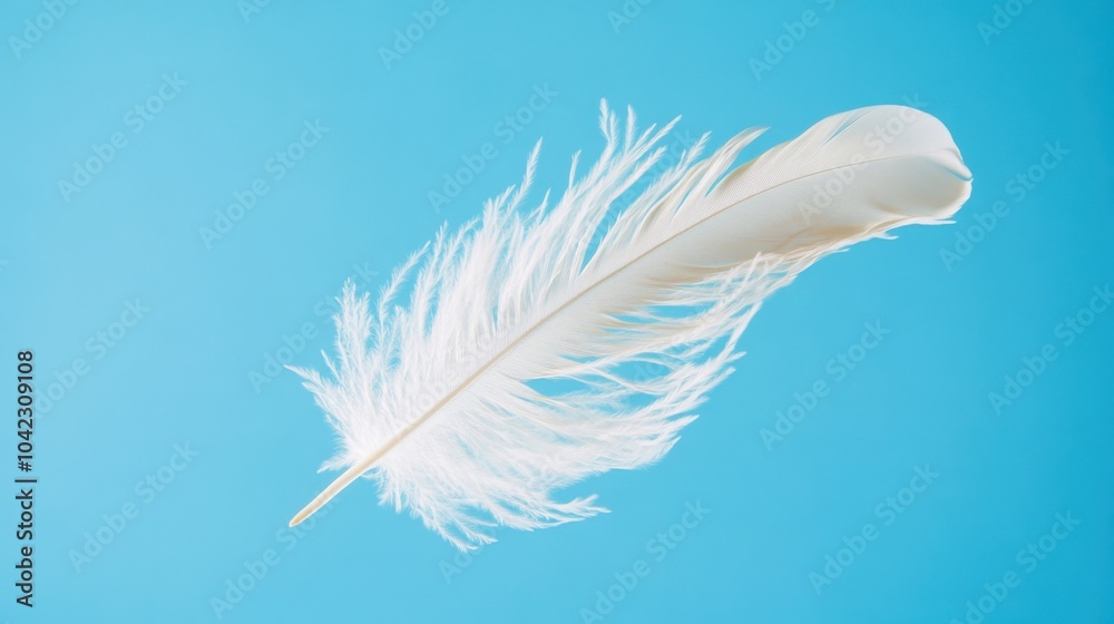 Fototapeta premium Single white feather falling against blue background showing softness