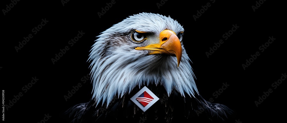 Obraz premium Majestic eagle portrait with piercing eyes, showcasing intricate feather details against a dark background.