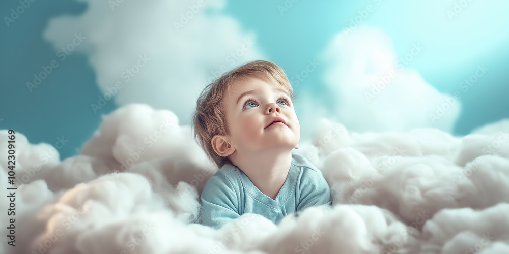 A joyful baby sitting among fluffy clouds, gazing upwards with wonderment in a dreamlike composition. A joyful baby sitting among fluffy clouds, gazing upwards with wonderment in a dreamlike composition.