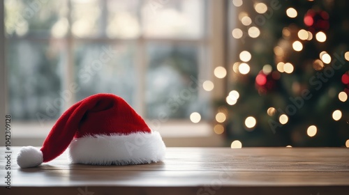 Cozy Christmas Scene with Santa Hat and Festive Decor in Holiday Ambiance Near Window