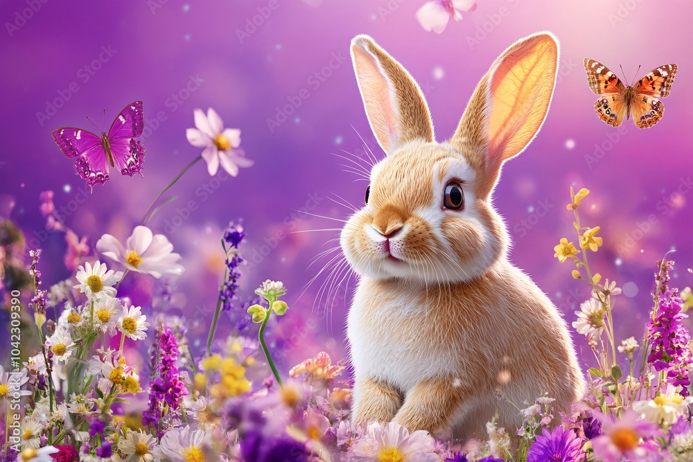 A joyful Easter bunny on a purple background with flowers and butterflies 1 A joyful Easter bunny on a purple background with flowers and butterflies 1