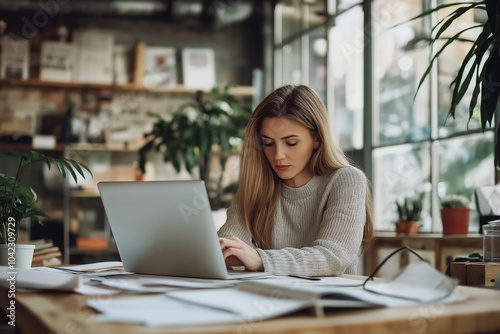 A woman engaged in work on her laptop in a well-lit, cozy modern office filled with plants and natural light.