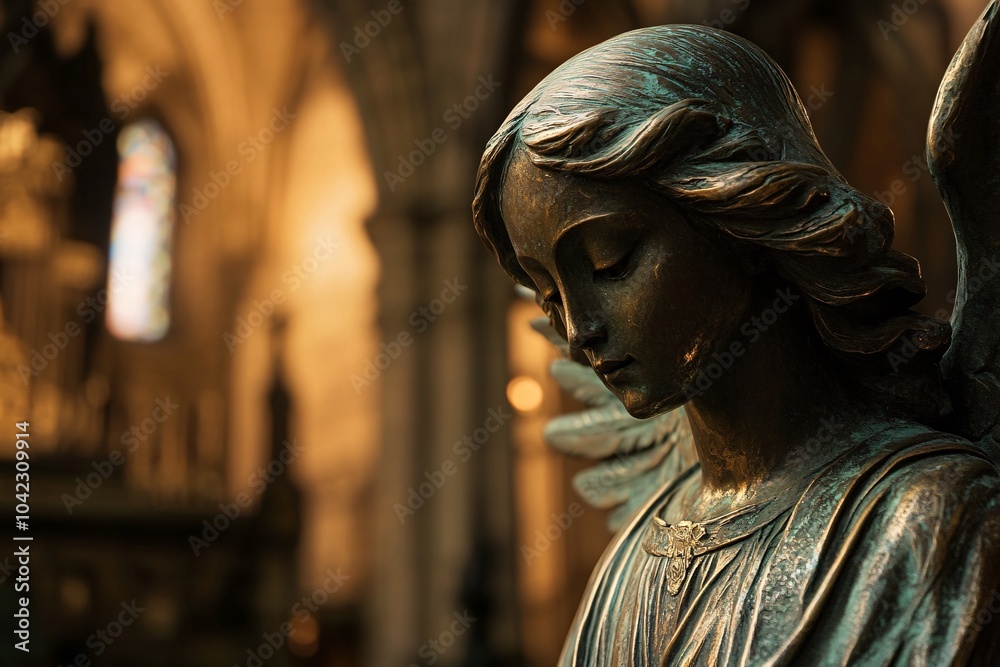 A bronze sculpture of an angel in a dimly lit cathedral 1 A bronze sculpture of an angel in a dimly lit cathedral 1