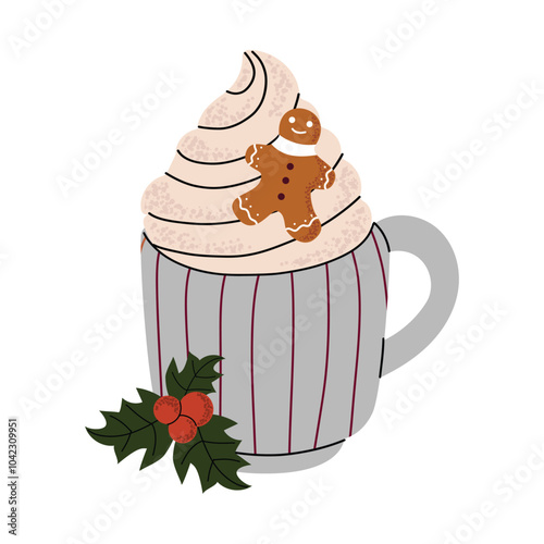 Coffee with  crema, Christmas gingerbread in a cup. Latte, cappuccino. Vector illustration in flat style. White isolated background.