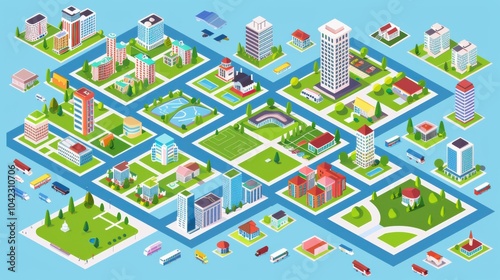 Isometric map of the city, flat design, bright colors