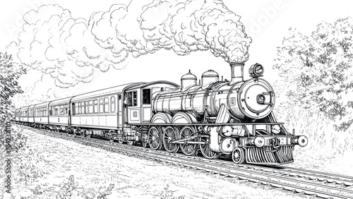 Vintage Steam Train Locomotive Detailed Coloring Page Design Featuring Classic Train Elements Classic Retro Design Art for Kids and Adults