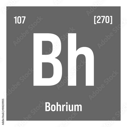 Bohrium, Bh, periodic table element with name, symbol, atomic number and weight. Synthetic element with no known commercial or industrial uses, but has been used in scientific research.