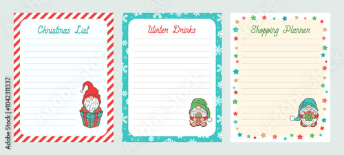 Christmas to do list with cute gnomes. Holiday planner pages wish list vector template. Christmas organizer sheet printable for planner or notepad. Adorable gnomes illustrations and retro font.