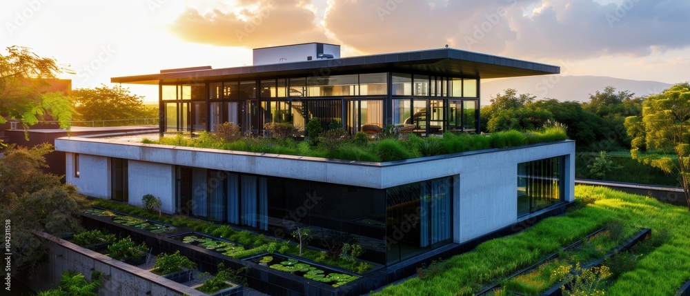 Fototapeta premium Modern Production Plant Overview at Sunset