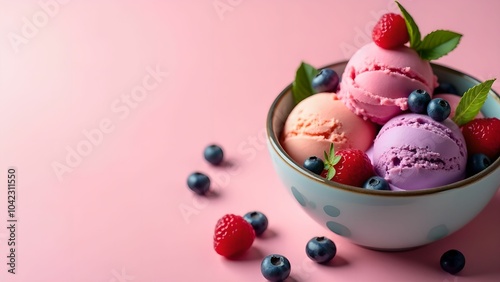 Multicolored scoops of fruit yogurt ice cream in a bowl, decorated with fresh berries. Top view